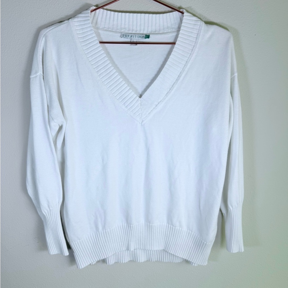 🤍✨ Vintage Y2K Esprit Organic White V-Neck Sweater – Size S ✨🤍 Oversized